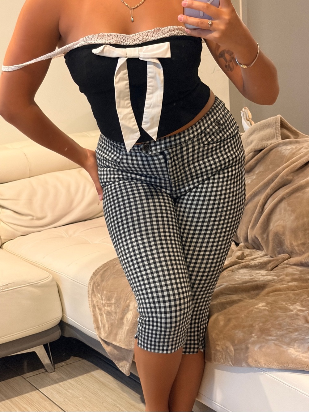 Anthropology High-Rise Gingham Crop Pants - Black/White